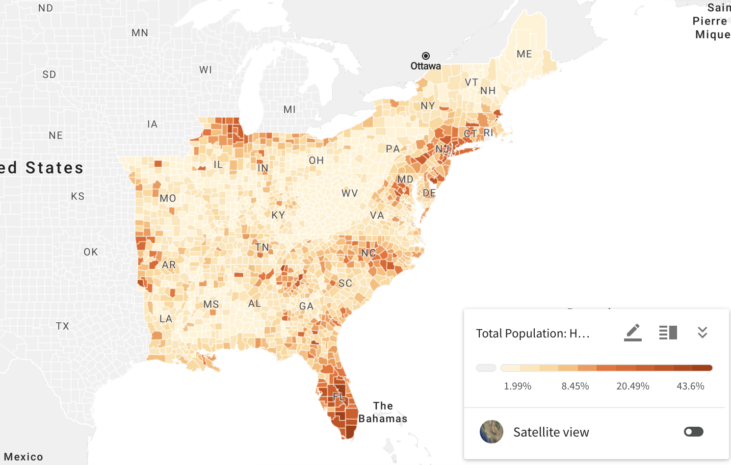 Hispanic population by county