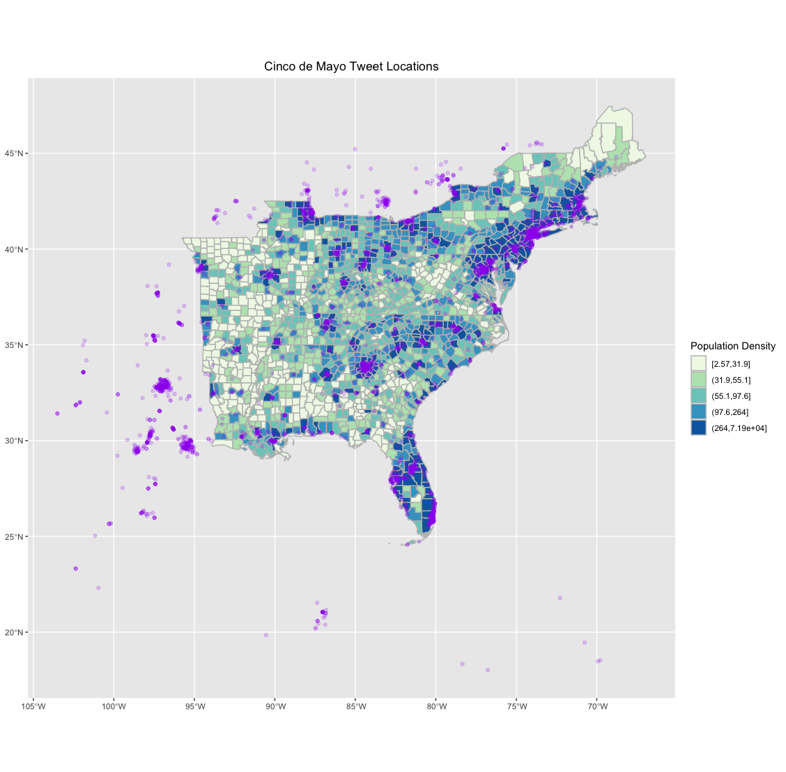 Map of tweet locations and population density